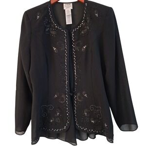 R&M Richards Petite Black Beaded Sequin Embellished Collarless Jacket Blazer 14P